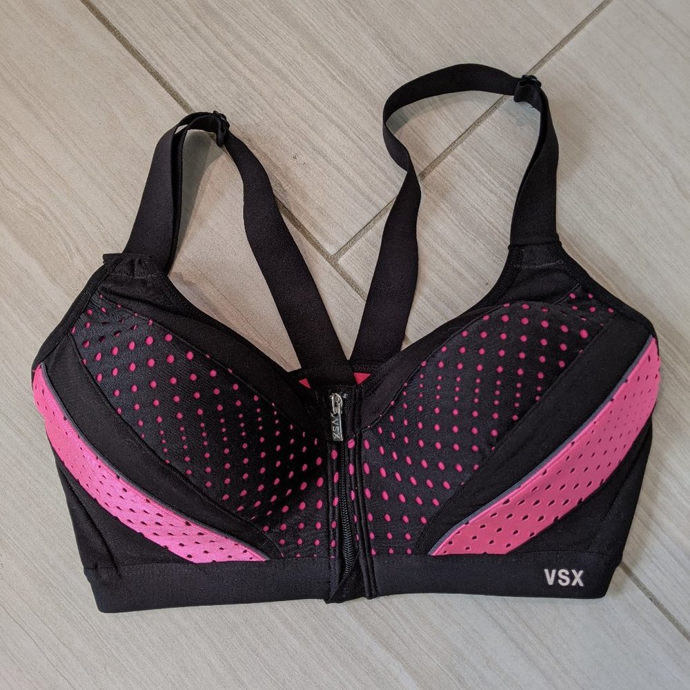 VSX Victoria Secret Active Sports Bra 32C Pink Black Mesh Zip Underwire Padded